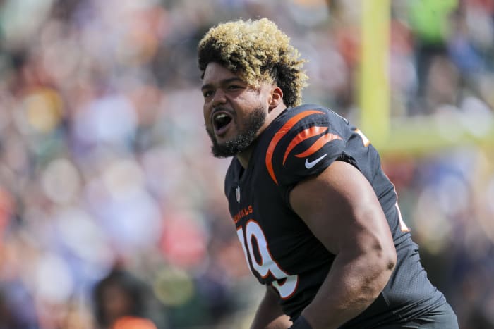Oct 10, 2021; Cincinnati, Ohio, USA; Cincinnati Bengals guard Jackson Carman (79) runs onto the field prior to the game against the Green Bay Packers at Paul Brown Stadium. Mandatory Credit: Katie Stratman-USA TODAY Sports